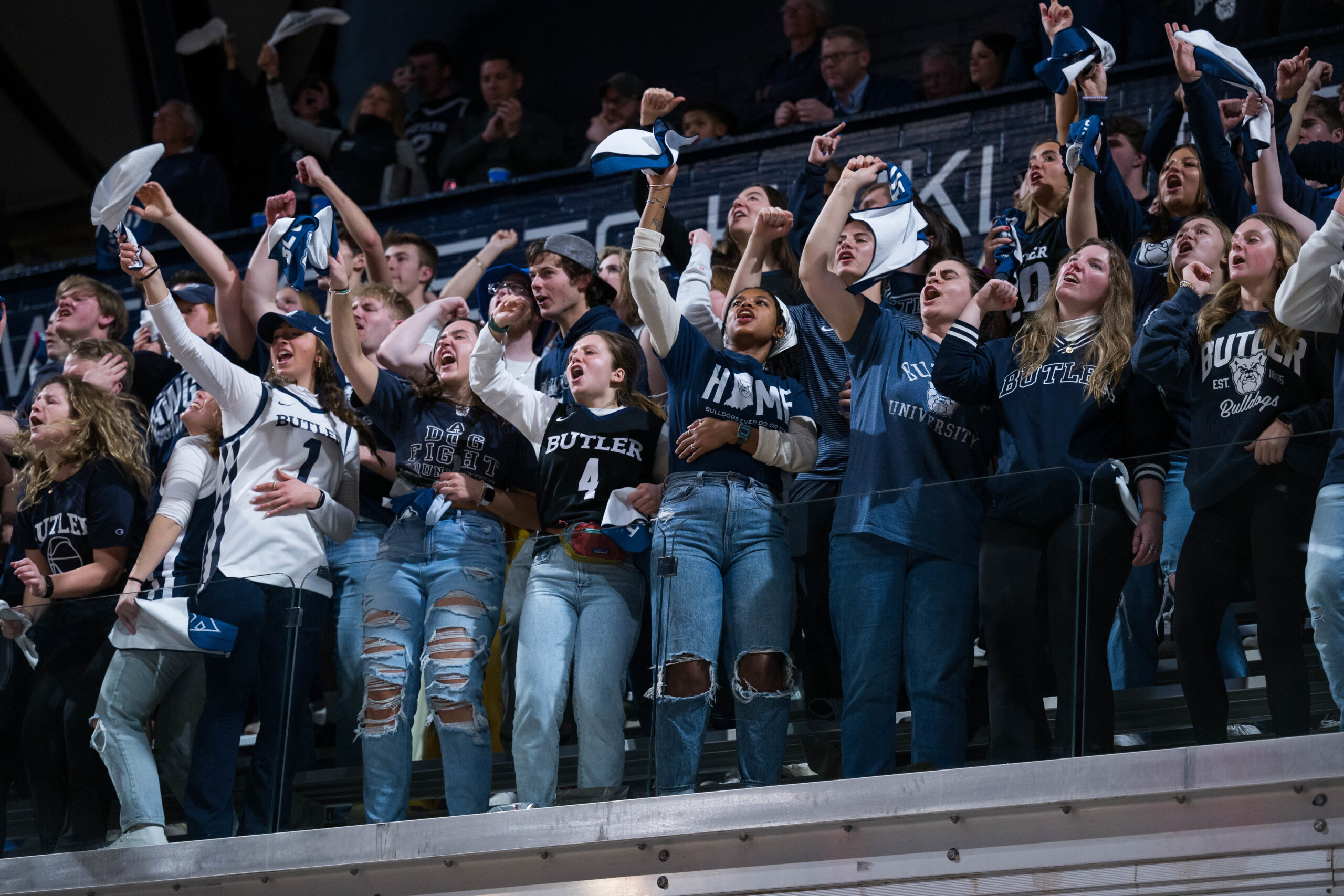 Students cheering at Butler basketball game in Hinkle Fieldhouse