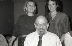 Poet Allen Ginsberg with Visiting Writers Series founding faculty member and Butler English Emeritus Faculty member Susan Neville and Allegra Stewart Chair of Modern Literature Hilene Flanzbaum.