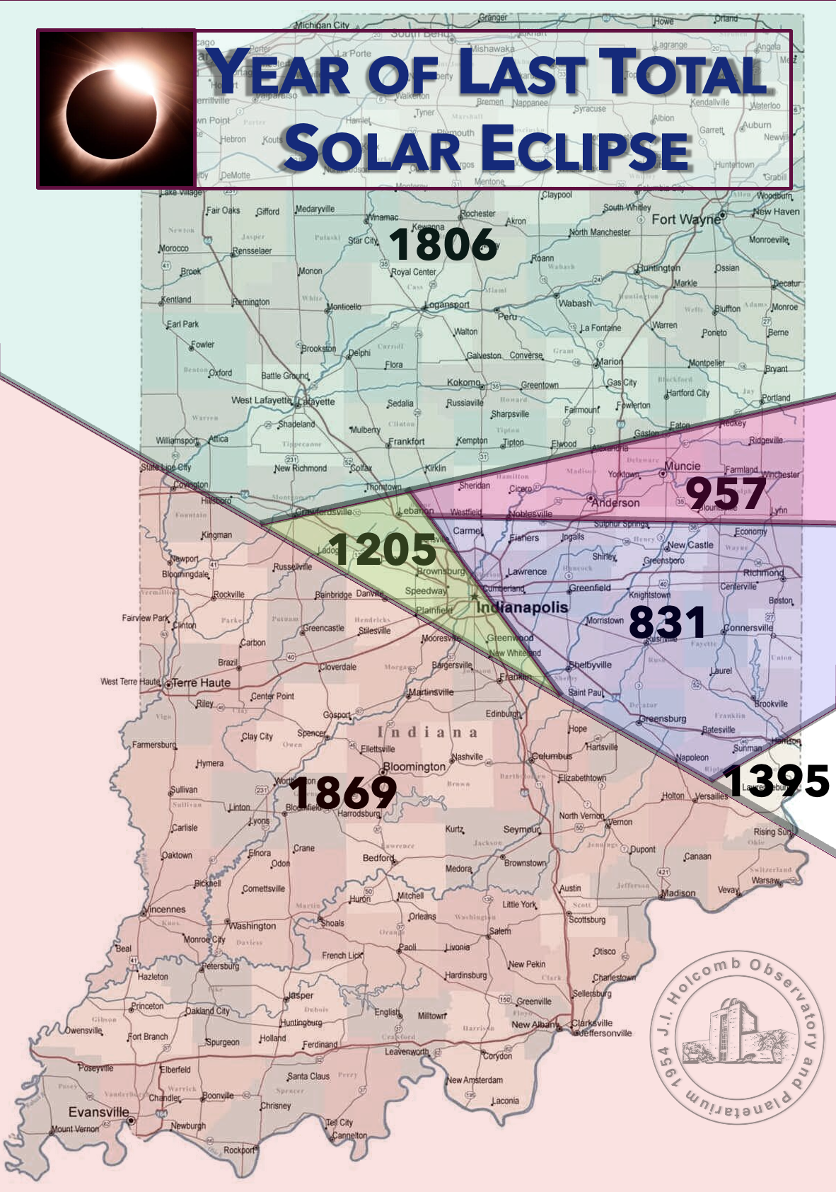 An image showing the date of the last total solar eclipse in Indiana by locale.