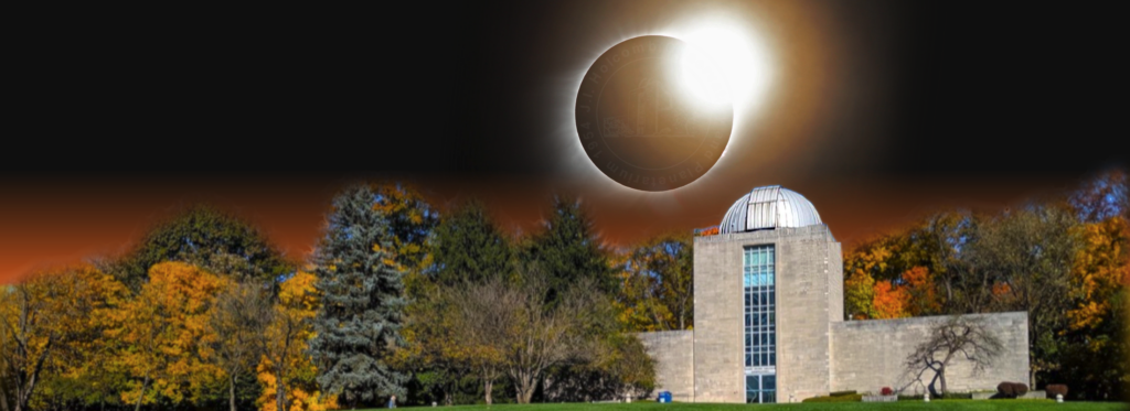 Holcomb Observatory with diamond ring effect of total solar eclipse superimposed on background.
