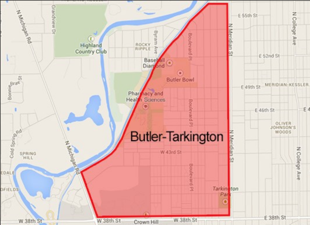 A map of the area surrounding the University with the Butler Tarkington neighborhood's boundaries marked, running from 38th St to Meridian St to the Central Canal