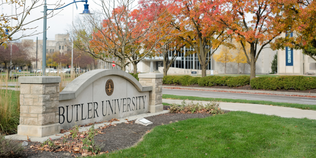 Butler University stone sign at the 46th Street entrance to campus