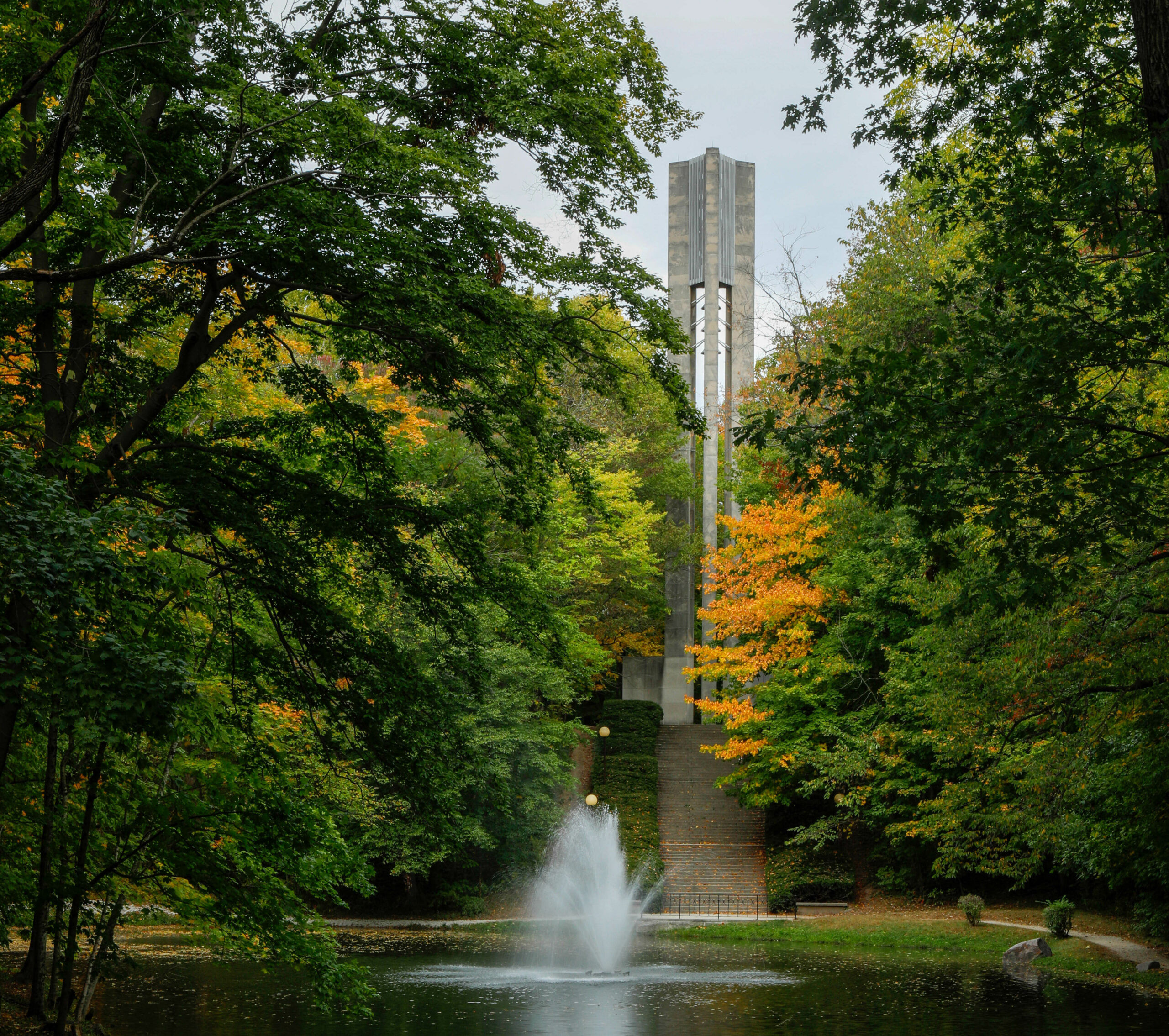 Photo of tower and water fountain at Butler University