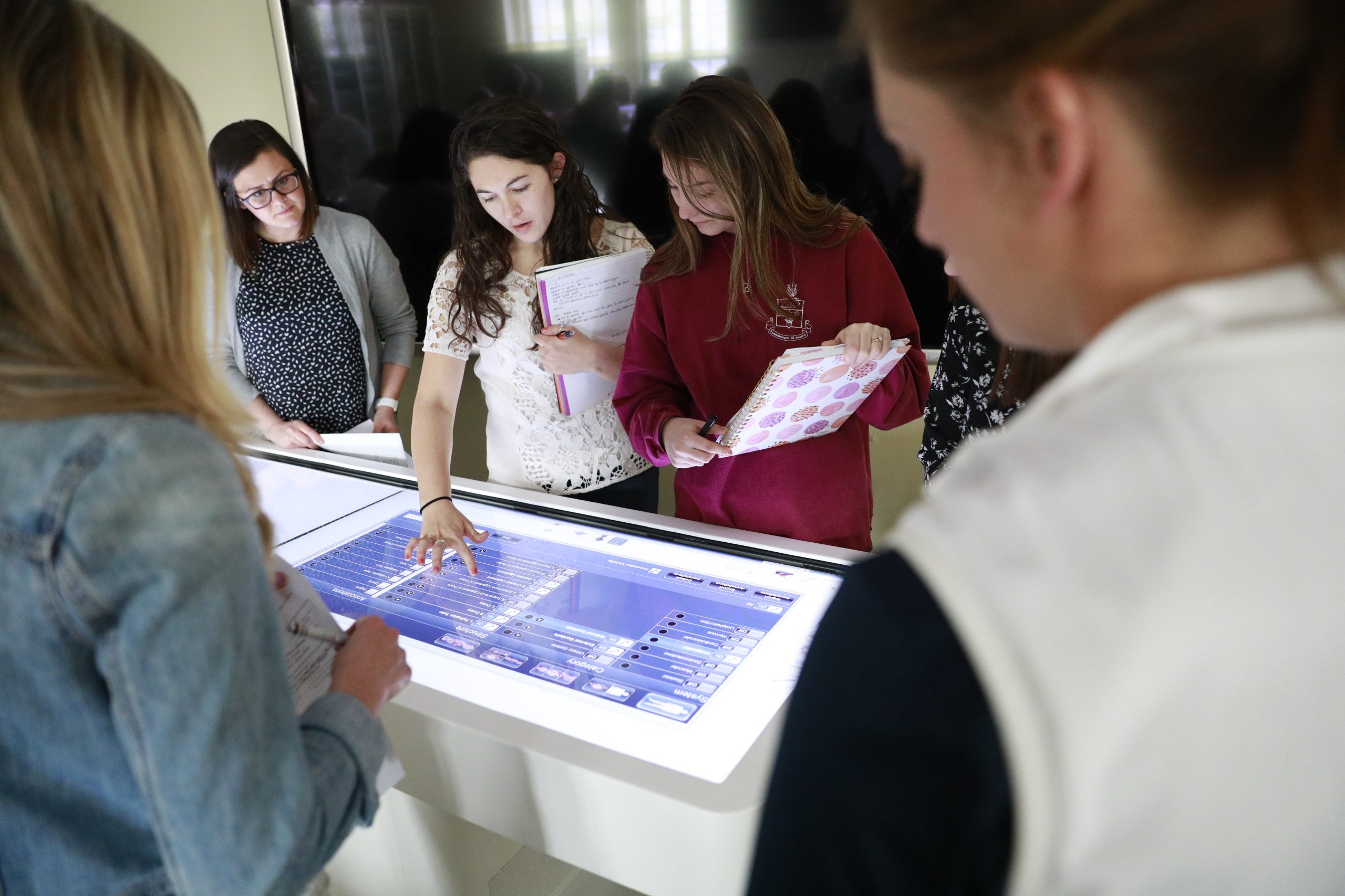 students working on an interactive anatomy screen in lab