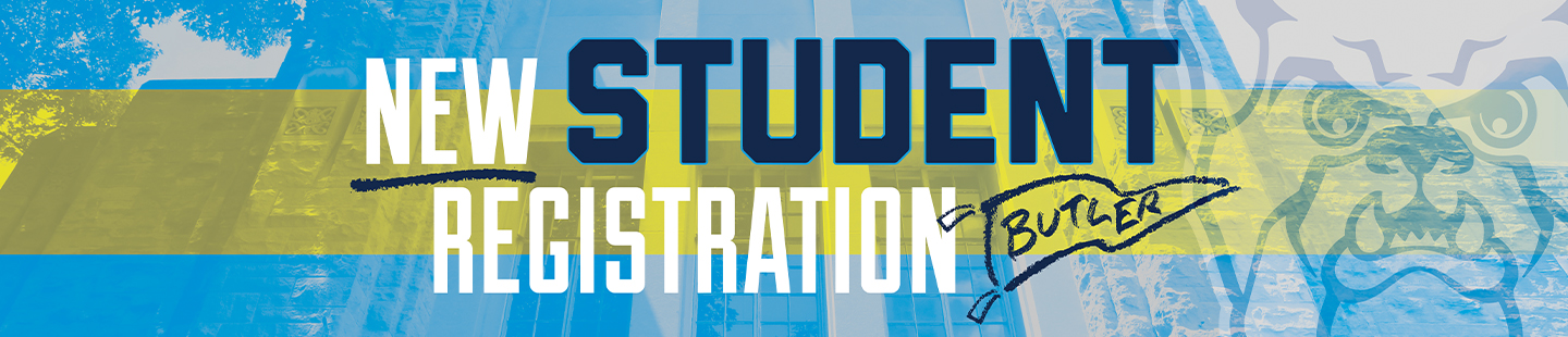 new student registration graphic banner in yellow and blue