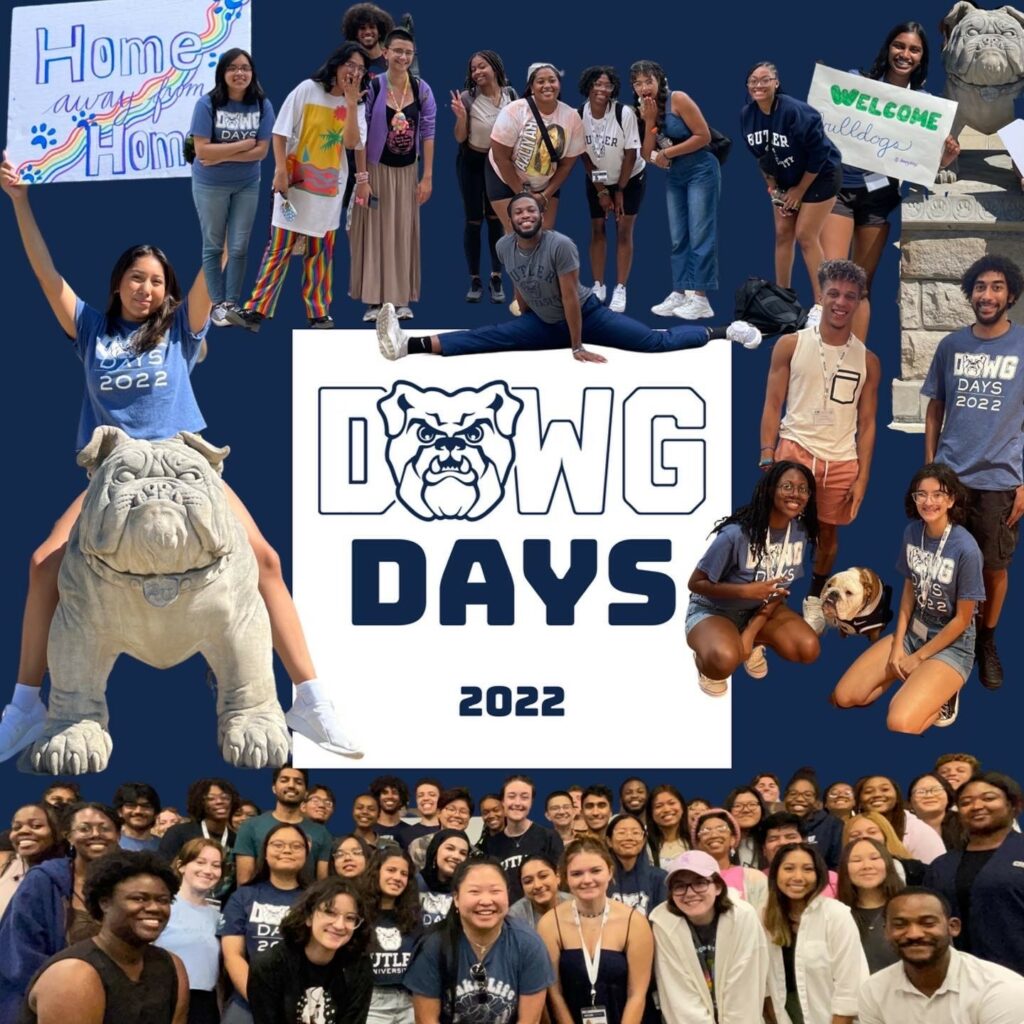 Dawg Days 2022 collage graphic. Blue background with Dawg Days 2022 in center. Eight pictures arranged around the text. Pictures include group shots of students, the stone bulldog statue, Butler Blue live mascot, and two welcome signs.
