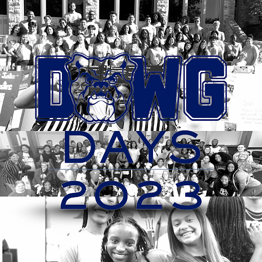 Background is 4 black and white photos of Dawg Days 2023 stacked on top of each other in rows. Blue text that reads: Dawg Days 2023 with a bulldog as the "A" in Dawg.