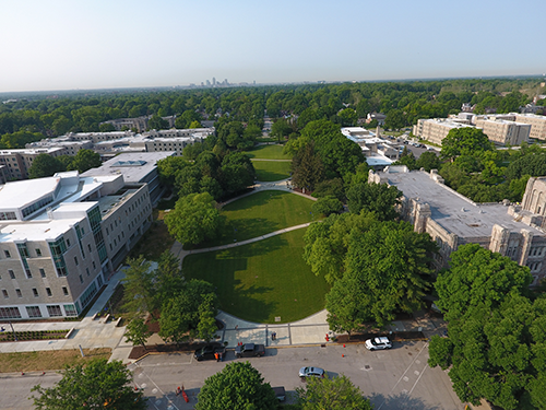 drone photo of campus