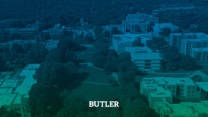 sepia tone image of campus, word Butler