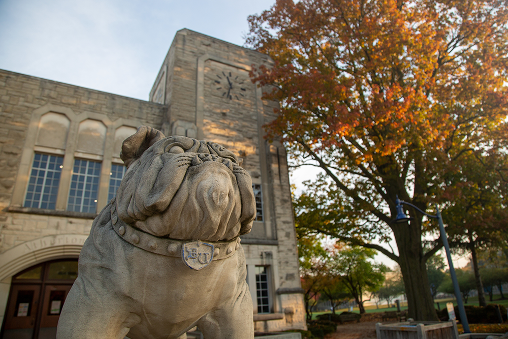 stone bulldog outside Atherton Union